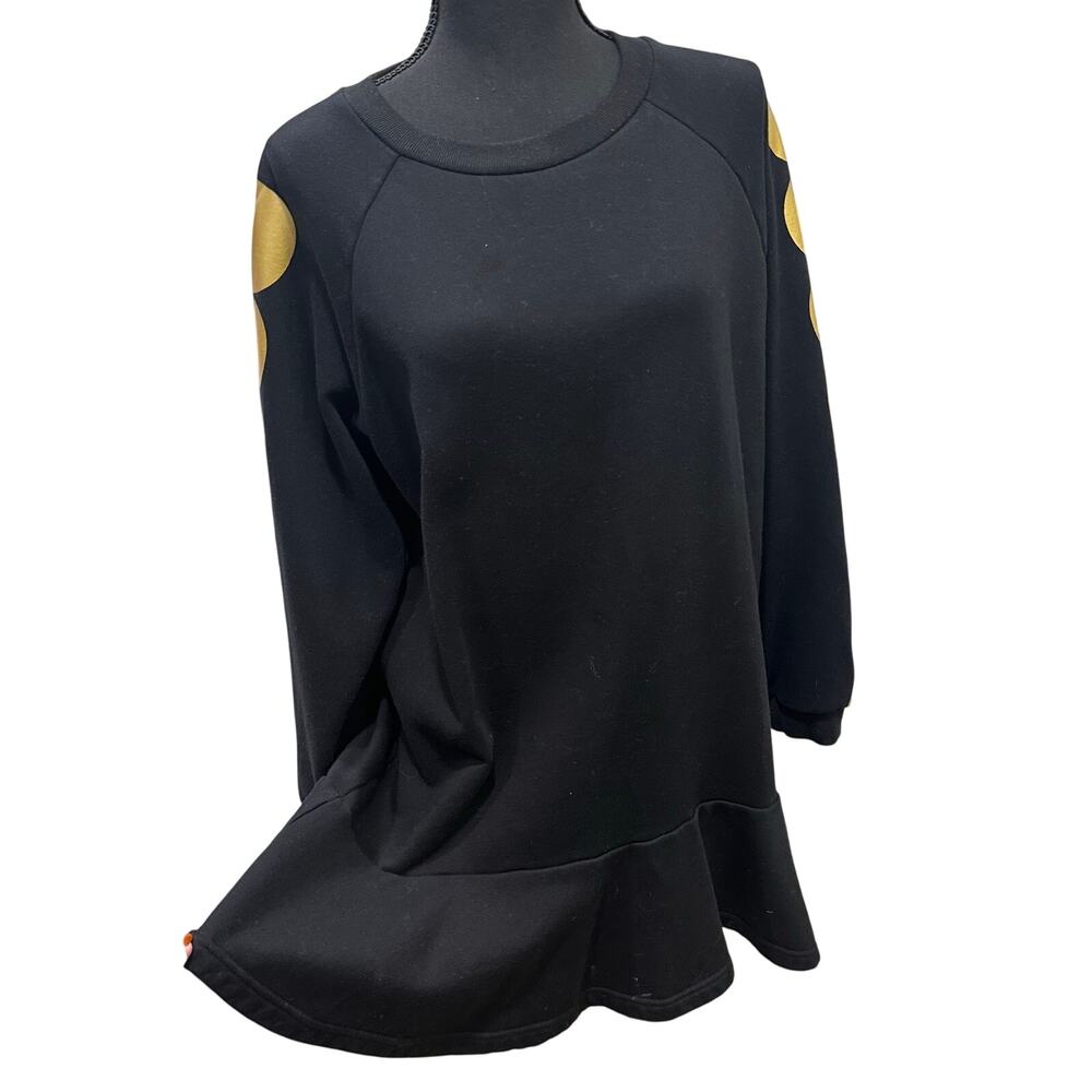 Black Scuba Sweatshirt Dress Gold Dots Ruffle Hem- Large - Picture 2 of 9